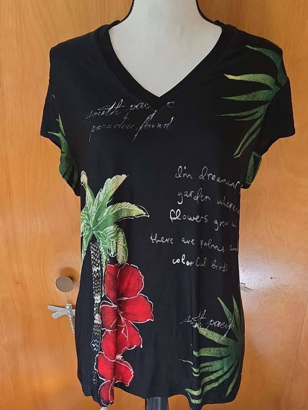 Chico's Black V-Neck Tee with Red Floral & Green Tropical Leaves